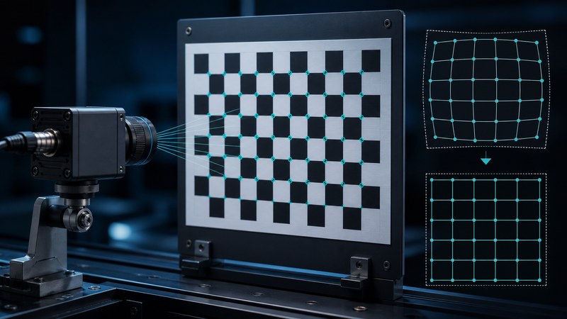 Industrial camera facing a checkerboard with detected corners and a corrected image grid