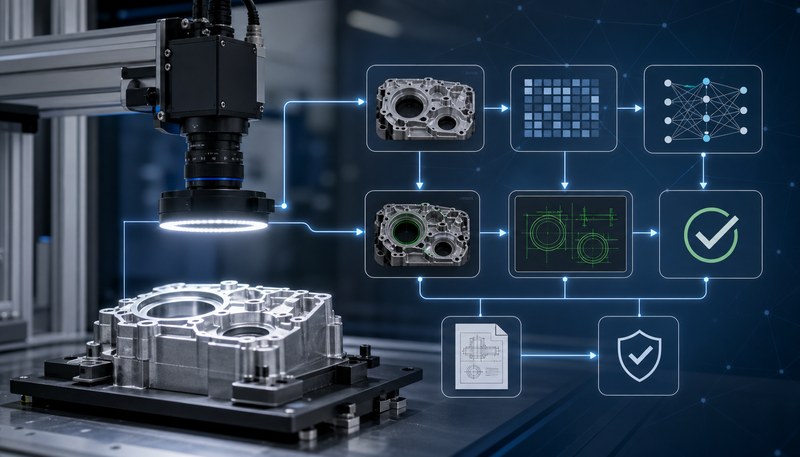 Industrial machine vision connecting a camera, inspection part, algorithm and validation